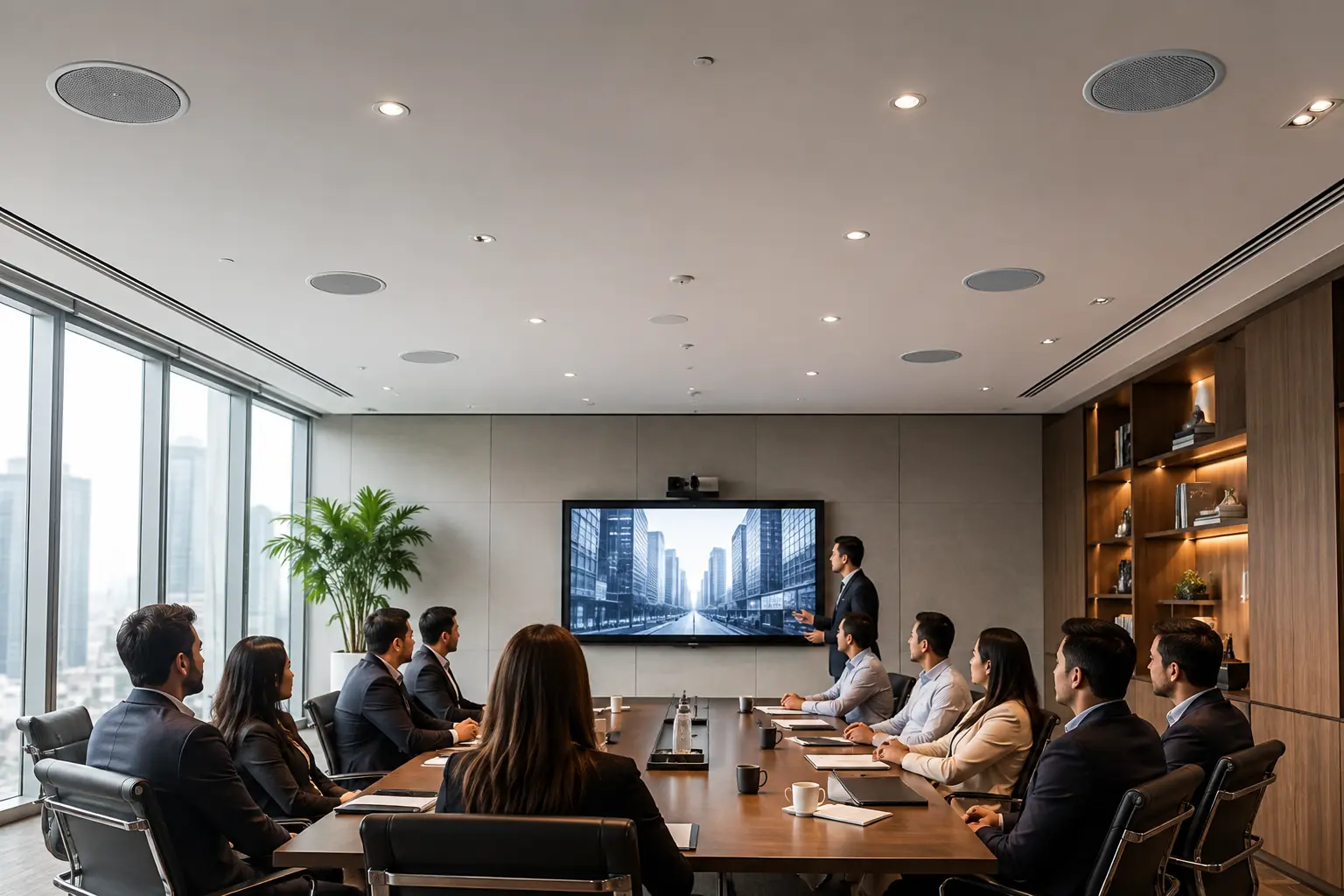 Modern conference room with ceiling speakers providing even sound coverage.